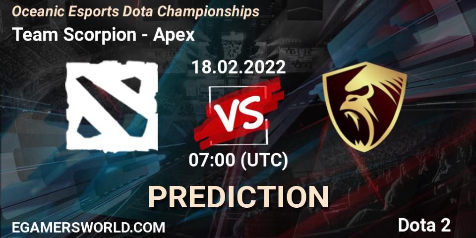 Pronósticos Team Scorpion - Apex. 18.02.2022 at 07:18. Oceanic Esports Dota Championships - Dota 2