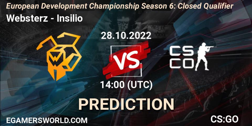 Pronósticos Websterz - Insilio. 28.10.2022 at 14:00. European Development Championship Season 6: Closed Qualifier - Counter-Strike (CS2)