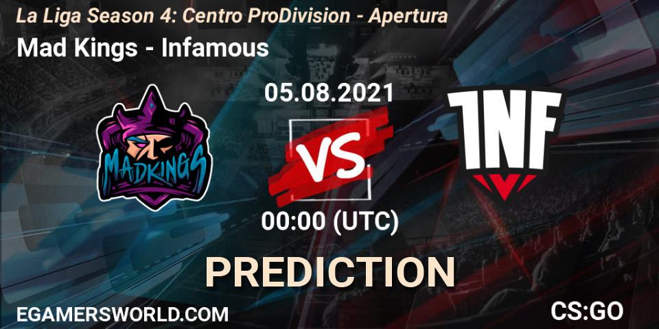 Pronósticos Mad Kings - Infamous. 05.08.2021 at 00:00. La Liga Season 4: Centro Pro Division - Apertura - Counter-Strike (CS2)