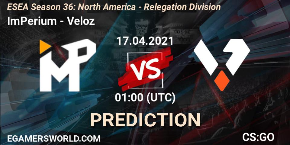 Pronósticos ImPerium - Veloz. 17.04.2021 at 01:00. ESEA Season 36: North America - Relegation Division - Counter-Strike (CS2)