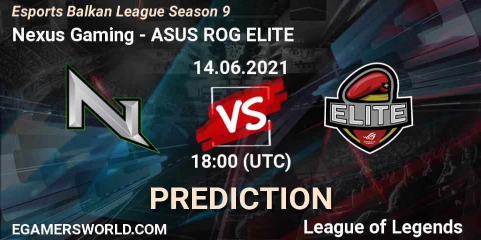 Pronósticos Nexus Gaming - ASUS ROG ELITE. 14.06.2021 at 18:00. Esports Balkan League Season 9 - LoL