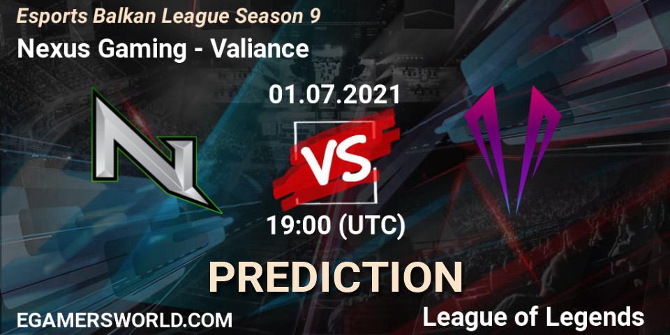 Pronósticos Nexus Gaming - Valiance. 01.07.2021 at 19:00. Esports Balkan League Season 9 - LoL