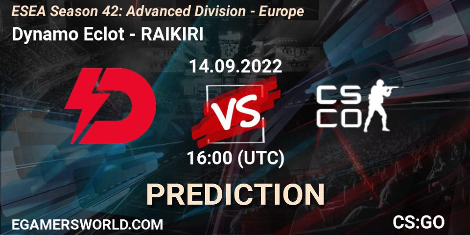 Pronósticos Dynamo Eclot - RAIKIRI. 14.09.2022 at 16:00. ESEA Season 42: Advanced Division - Europe - Counter-Strike (CS2)