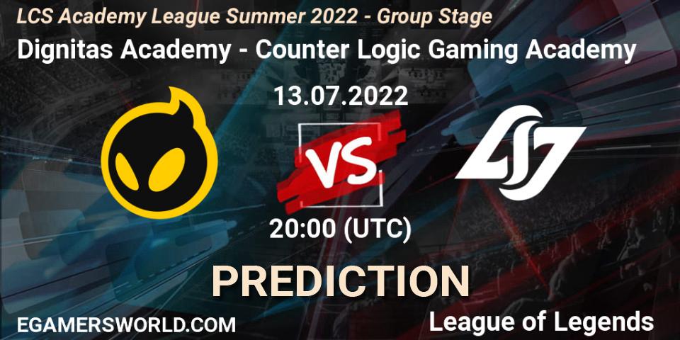 Pronósticos Dignitas Academy - Counter Logic Gaming Academy. 13.07.2022 at 20:00. LCS Academy League Summer 2022 - Group Stage - LoL