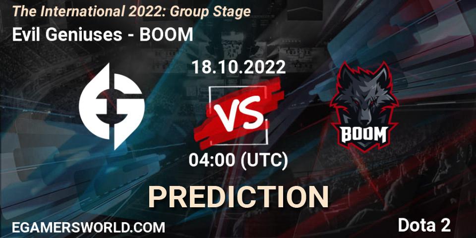 Pronósticos Evil Geniuses - BOOM. 18.10.2022 at 04:32. The International 2022: Group Stage - Dota 2