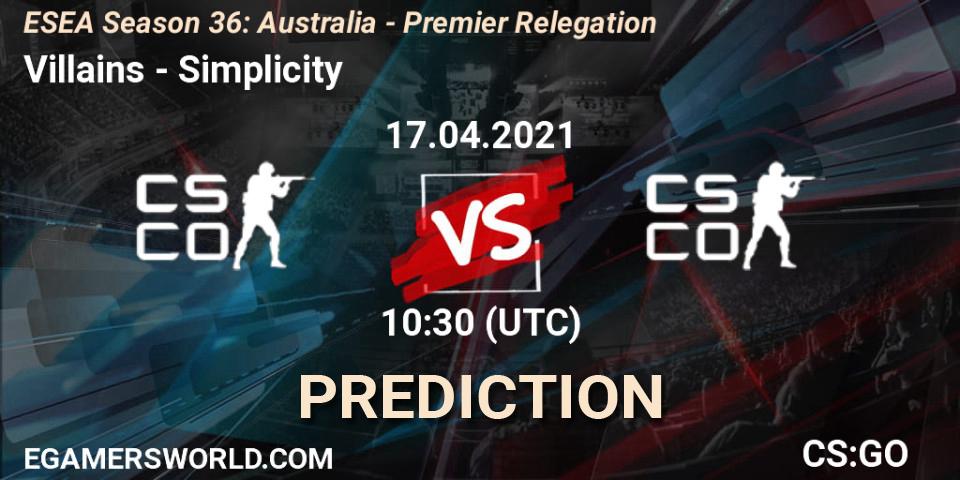 Pronósticos Villains - Simplicity. 17.04.2021 at 10:30. ESEA Season 36: Australia - Premier Relegation - Counter-Strike (CS2)