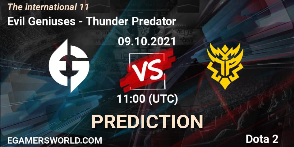 Pronósticos Evil Geniuses - Thunder Predator. 09.10.2021 at 11:15. The Internationa 2021 - Dota 2