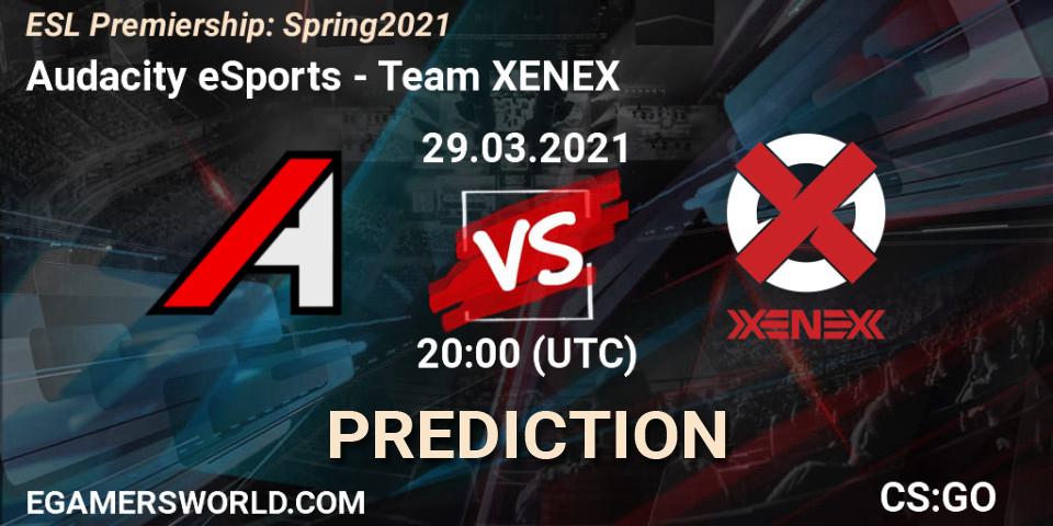 Pronósticos Audacity eSports - XENEX. 29.03.2021 at 19:00. ESL Premiership: Spring 2021 - Counter-Strike (CS2)