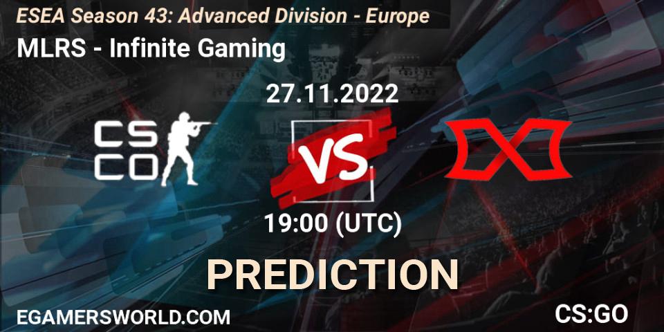 Pronósticos MLRS - Infinite Gaming. 02.12.2022 at 17:00. ESEA Season 43: Advanced Division - Europe - Counter-Strike (CS2)