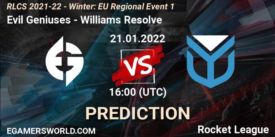 Pronósticos Evil Geniuses - Williams Resolve. 21.01.22. RLCS 2021-22 - Winter: EU Regional Event 1 - Rocket League