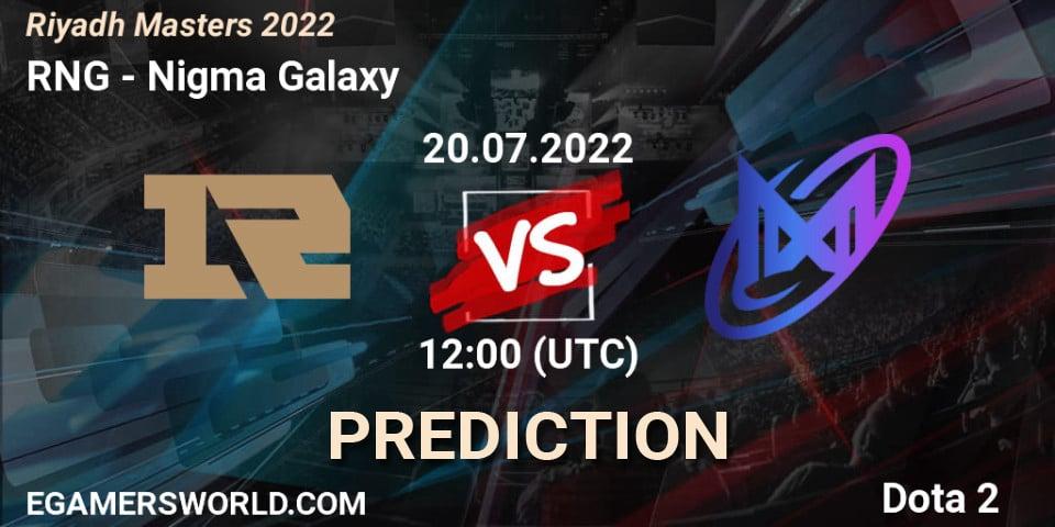 Pronósticos RNG - Nigma Galaxy. 20.07.2022 at 12:38. Riyadh Masters 2022 - Dota 2