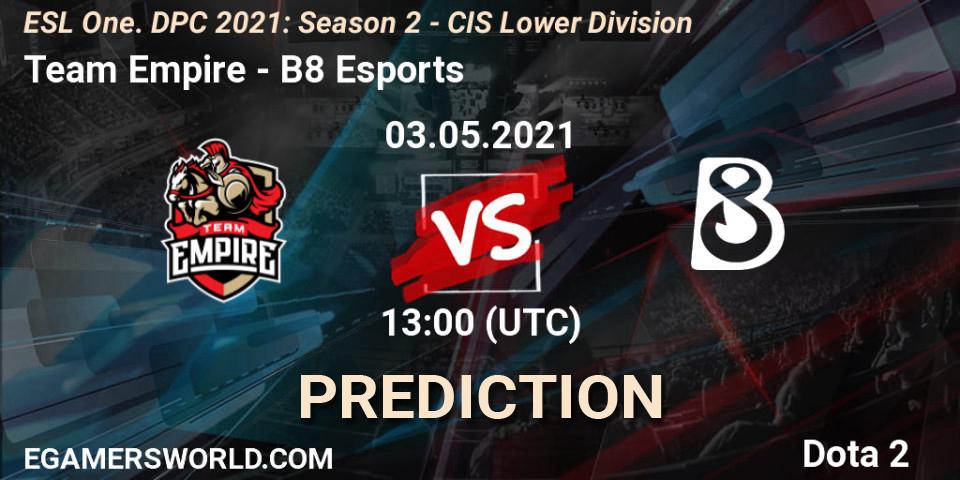 Pronósticos Team Empire - B8 Esports. 03.05.2021 at 12:55. ESL One. DPC 2021: Season 2 - CIS Lower Division - Dota 2