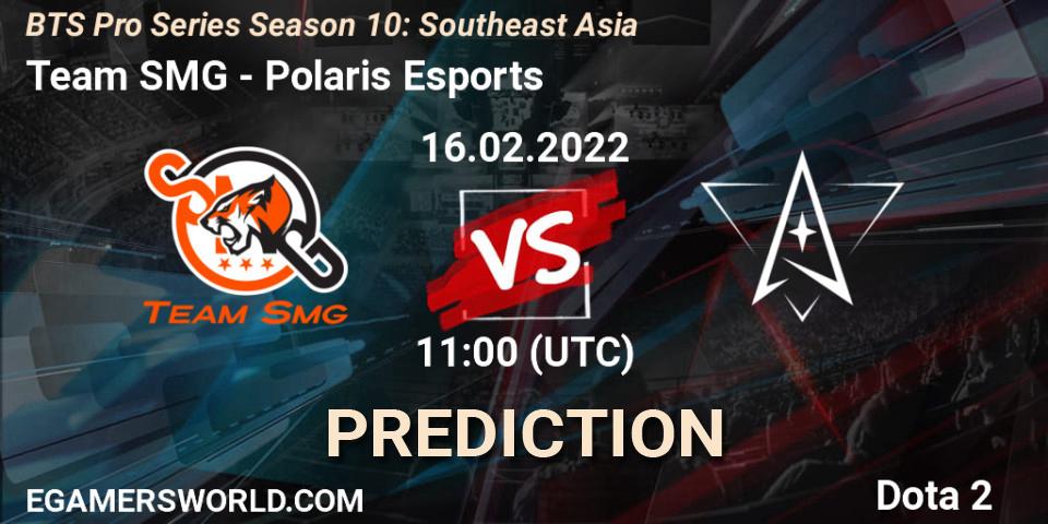 Pronósticos Team SMG - Polaris Esports. 16.02.2022 at 11:06. BTS Pro Series Season 10: Southeast Asia - Dota 2