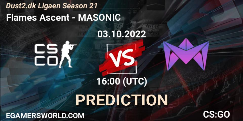 Pronósticos Flames Ascent - MASONIC. 03.10.2022 at 16:00. Dust2.dk Ligaen Season 21 - Counter-Strike (CS2)