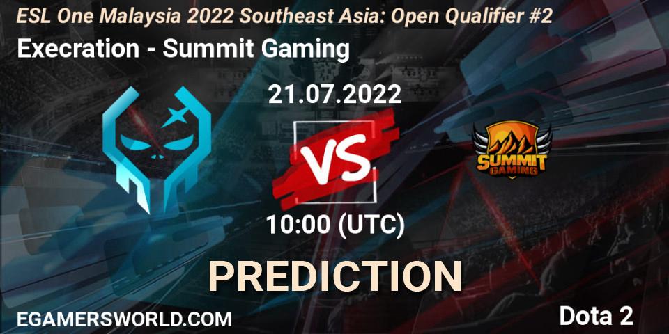 Pronósticos Execration - Summit Gaming. 21.07.2022 at 10:00. ESL One Malaysia 2022 Southeast Asia: Open Qualifier #2 - Dota 2