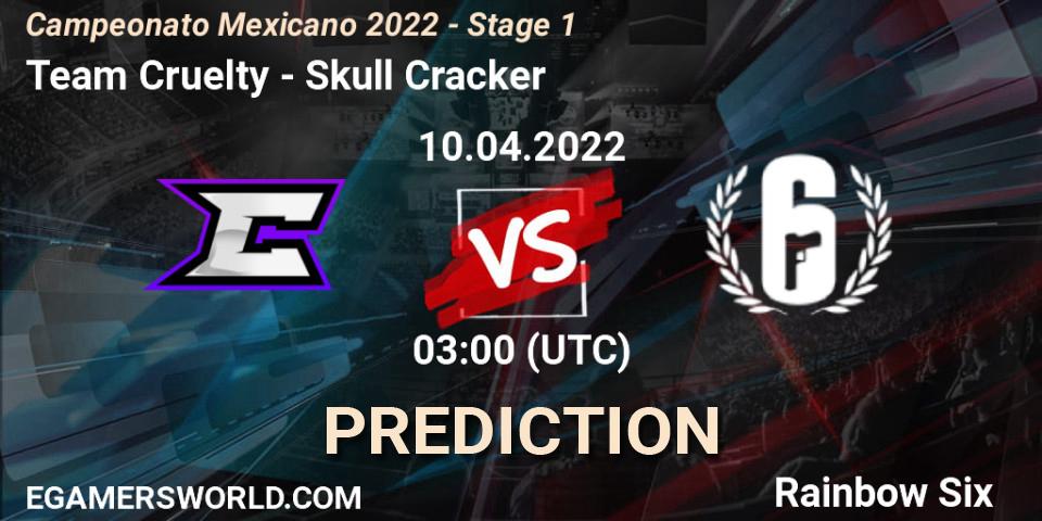 Pronósticos Team Cruelty - Skull Cracker. 10.04.2022 at 02:00. Campeonato Mexicano 2022 - Stage 1 - Rainbow Six