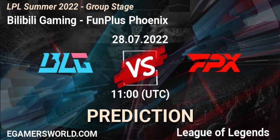 Pronósticos Bilibili Gaming - FunPlus Phoenix. 28.07.2022 at 11:45. LPL Summer 2022 - Group Stage - LoL
