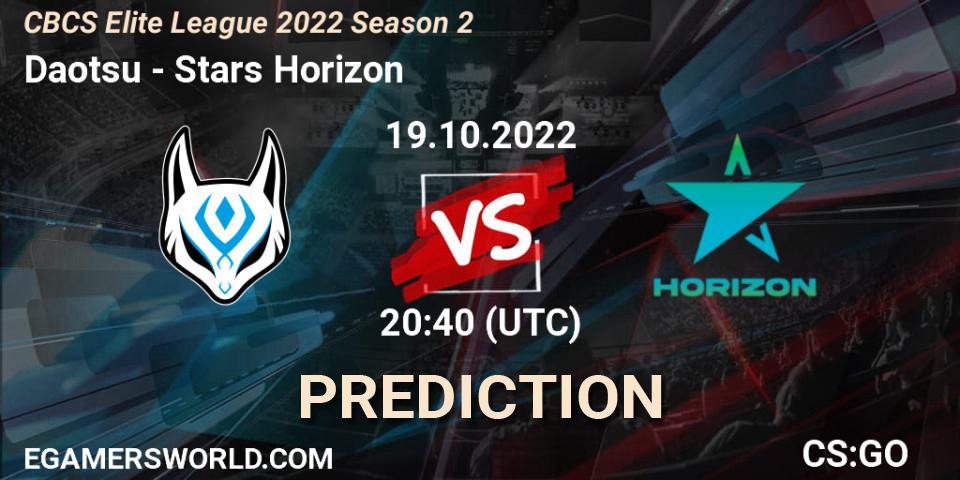 Pronósticos Daotsu - Stars Horizon. 19.10.2022 at 20:40. CBCS Elite League 2022 Season 2 - Counter-Strike (CS2)