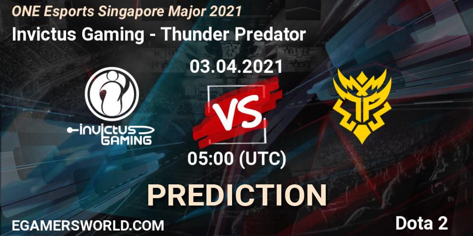 Pronósticos Invictus Gaming - Thunder Predator. 03.04.2021 at 06:04. ONE Esports Singapore Major 2021 - Dota 2