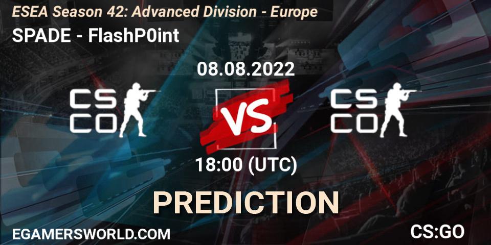 Pronósticos SPADE - FlashP0int. 24.08.2022 at 15:00. ESEA Season 42: Advanced Division - Europe - Counter-Strike (CS2)