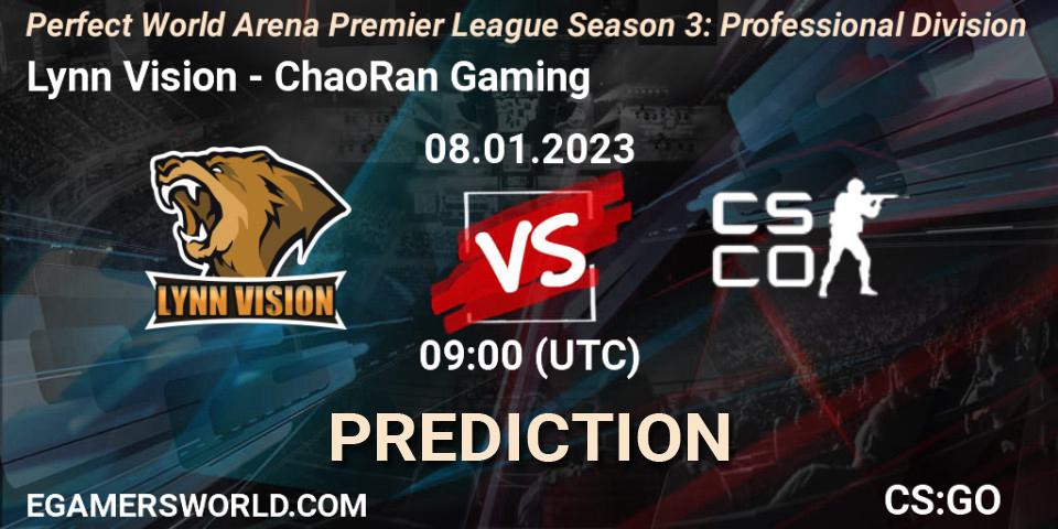 Pronósticos Lynn Vision - ChaoRan Gaming. 08.01.2023 at 09:00. Perfect World Arena Premier League Season 3: Professional Division - Counter-Strike (CS2)