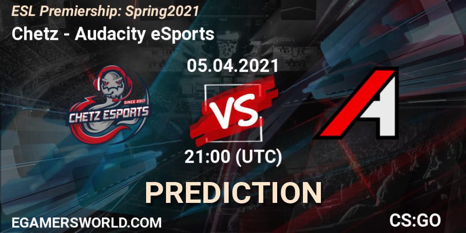 Pronósticos Chetz - Audacity eSports. 05.04.2021 at 20:00. ESL Premiership: Spring 2021 - Counter-Strike (CS2)