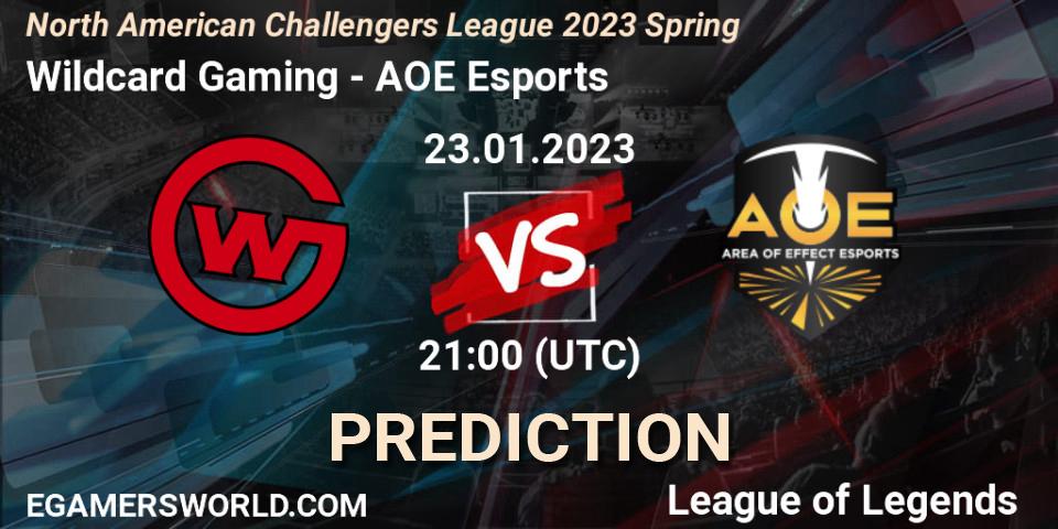 Pronósticos Wildcard Gaming - AOE Esports. 23.01.2023 at 21:00. NACL 2023 Spring - Group Stage - LoL