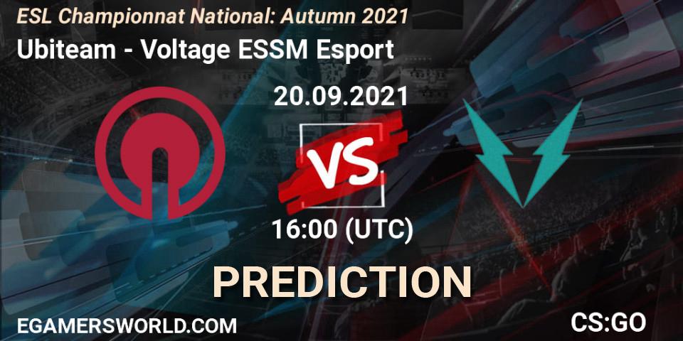 Pronósticos Ubiteam - Voltage ESSM Esport. 20.09.2021 at 19:30. ESL Championnat National: Autumn 2021 - Counter-Strike (CS2)