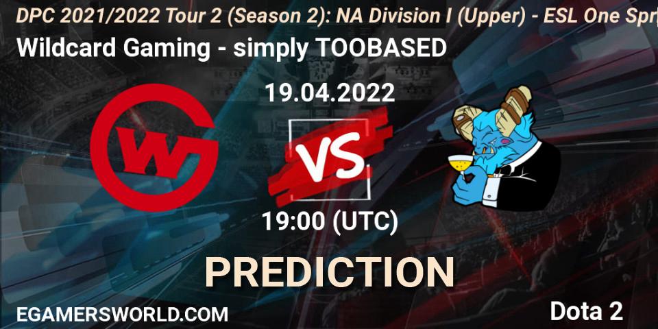 Pronósticos Wildcard Gaming - simply TOOBASED. 19.04.2022 at 19:00. DPC 2021/2022 Tour 2 (Season 2): NA Division I (Upper) - ESL One Spring 2022 - Dota 2