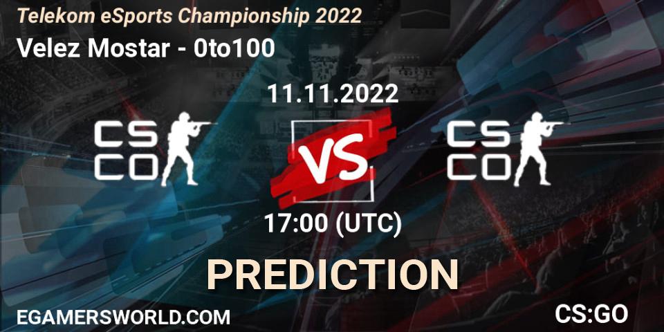 Pronósticos Velez Mostar - 0to100. 11.11.2022 at 17:00. Telekom eSports Championship 2022 - Counter-Strike (CS2)