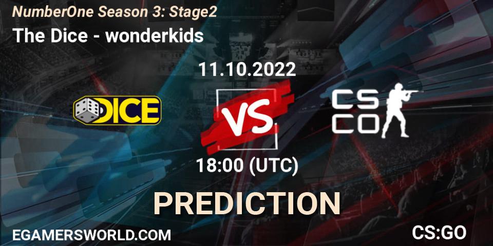 Pronósticos The Dice - wonderkids. 11.10.2022 at 18:00. NumberOne Season 3: Stage 2 - Counter-Strike (CS2)