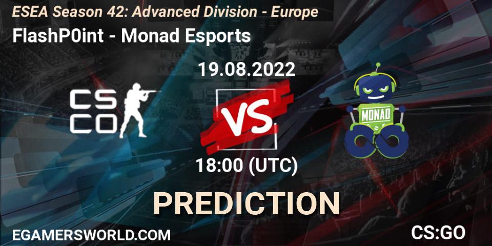 Pronósticos FlashP0int - Monad Esports. 19.08.2022 at 18:00. ESEA Season 42: Advanced Division - Europe - Counter-Strike (CS2)