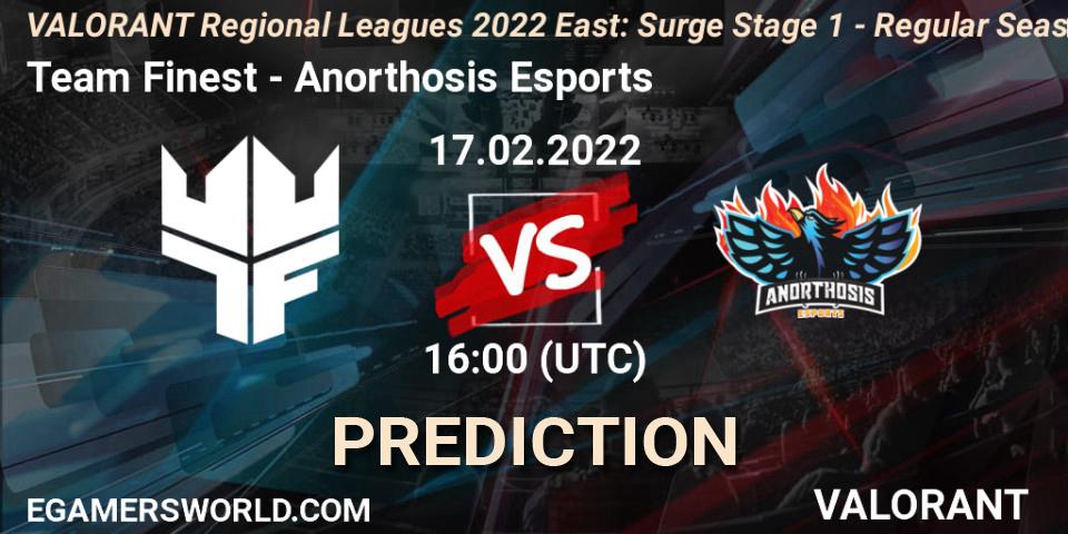 Pronósticos Team Finest - Anorthosis Esports. 17.02.2022 at 16:00. VALORANT Regional Leagues 2022 East: Surge Stage 1 - Regular Season - VALORANT