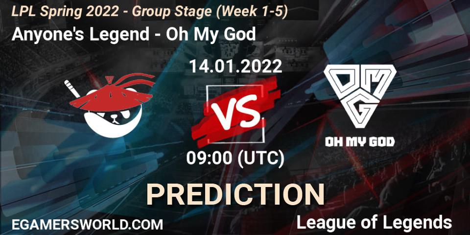Pronósticos Anyone's Legend - Oh My God. 14.01.2022 at 09:00. LPL Spring 2022 - Group Stage (Week 1-5) - LoL
