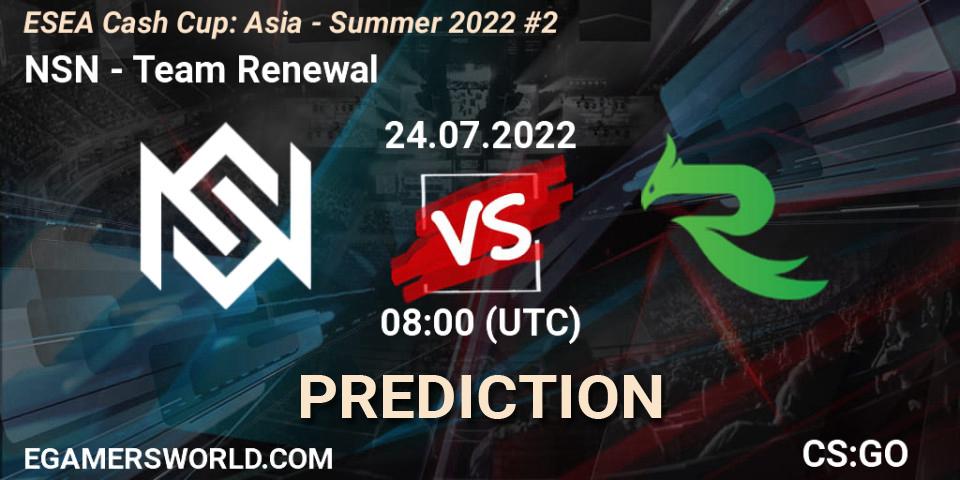 Pronósticos NSN - Team Renewal. 24.07.2022 at 08:00. ESEA Cash Cup: Asia - Summer 2022 #2 - Counter-Strike (CS2)