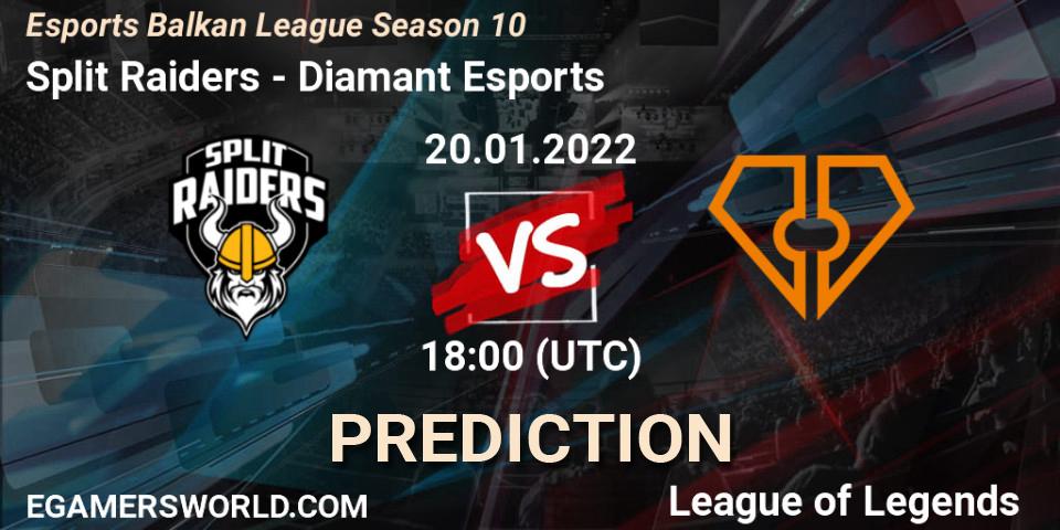 Pronósticos Split Raiders - Diamant Esports. 20.01.2022 at 18:00. Esports Balkan League Season 10 - LoL