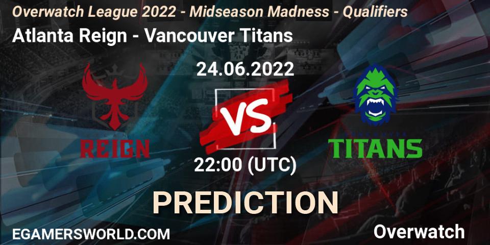 Pronósticos Atlanta Reign - Vancouver Titans. 24.06.2022 at 22:00. Overwatch League 2022 - Midseason Madness - Qualifiers - Overwatch