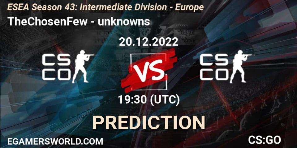 Pronósticos TheChosenFew - unknowns. 20.12.2022 at 19:30. ESEA Season 43: Intermediate Division - Europe - Counter-Strike (CS2)