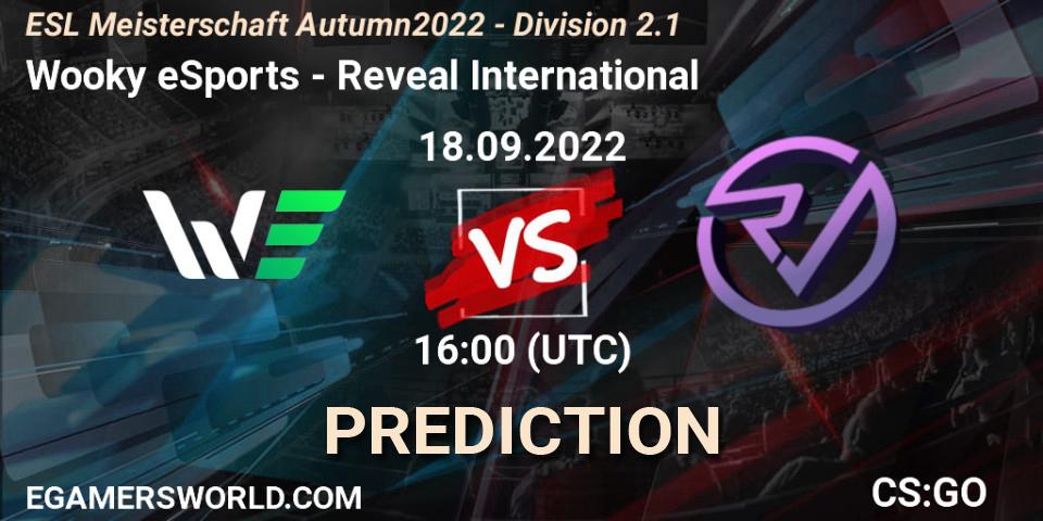 Pronósticos Wooky eSports - Reveal International. 18.09.2022 at 16:00. ESL Meisterschaft Autumn 2022 - Division 2.1 - Counter-Strike (CS2)