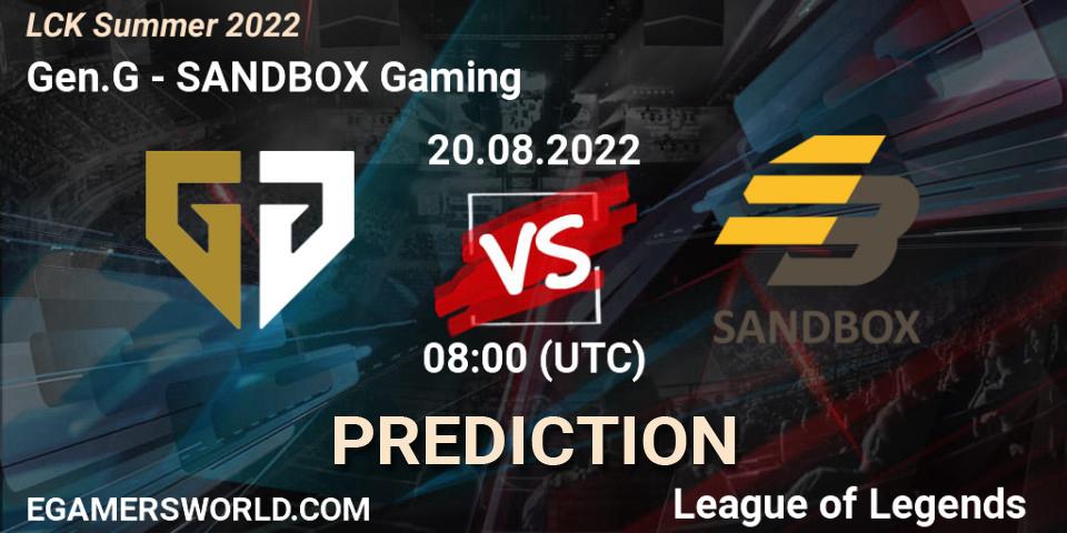 Pronósticos Gen.G - SANDBOX Gaming. 20.08.2022 at 08:00. LCK Summer 2022 - LoL