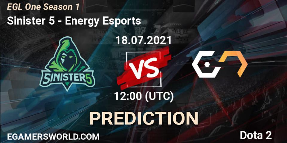 Pronósticos Sinister 5 - Energy Esports. 18.07.2021 at 12:01. EGL One Season 1 - Dota 2
