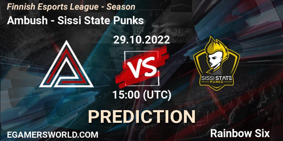 Pronósticos Ambush - Sissi State Punks. 29.10.2022 at 11:00. Finnish Esports League - Season - Rainbow Six