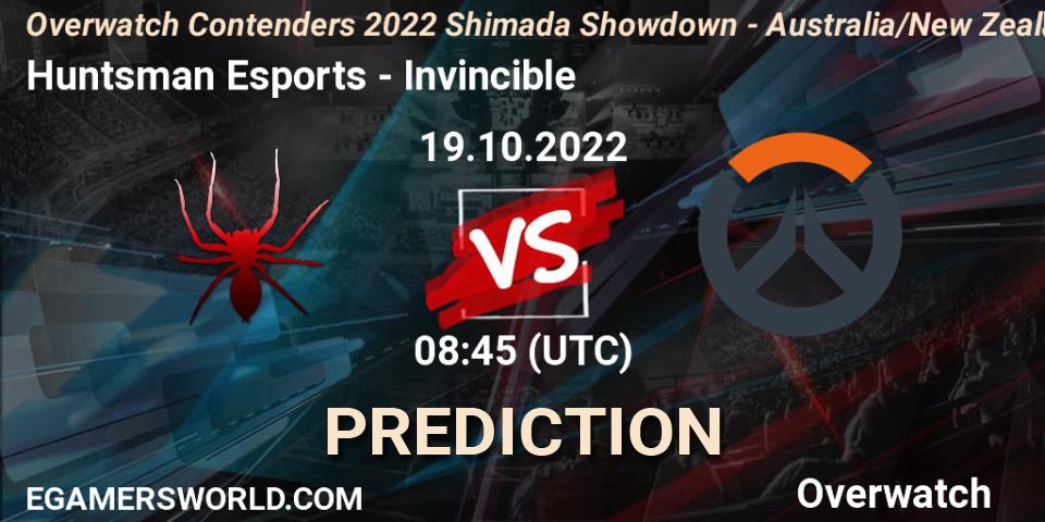 Pronósticos Huntsman Esports - Invincible. 19.10.2022 at 08:45. Overwatch Contenders 2022 Shimada Showdown - Australia/New Zealand - October - Overwatch