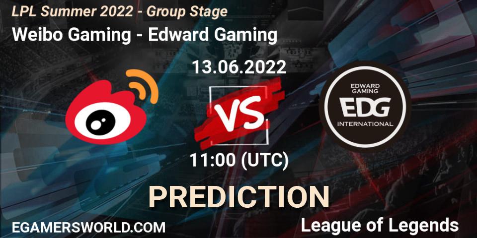 Pronósticos Weibo Gaming - Edward Gaming. 13.06.2022 at 11:00. LPL Summer 2022 - Group Stage - LoL