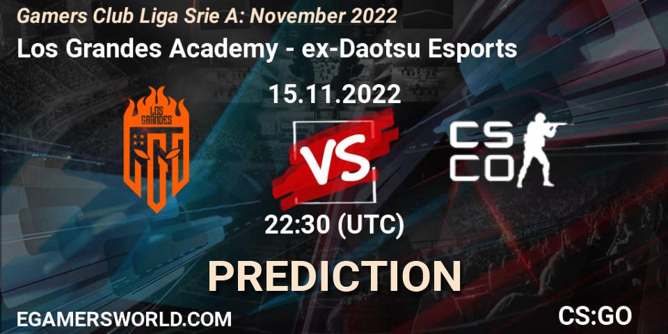 Pronósticos Los Grandes Academy - ex-Daotsu Esports. 15.11.2022 at 22:30. Gamers Club Liga Série A: November 2022 - Counter-Strike (CS2)