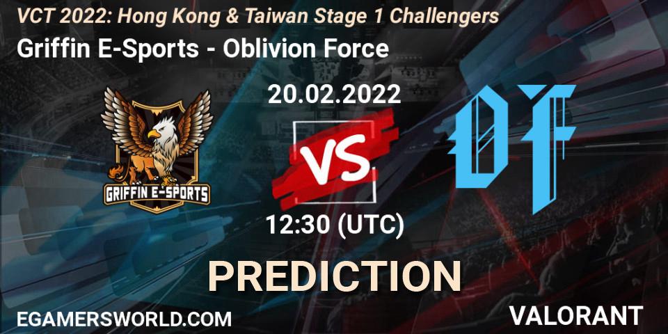Pronósticos Griffin E-Sports - Oblivion Force. 20.02.2022 at 12:30. VCT 2022: Hong Kong & Taiwan Stage 1 Challengers - VALORANT
