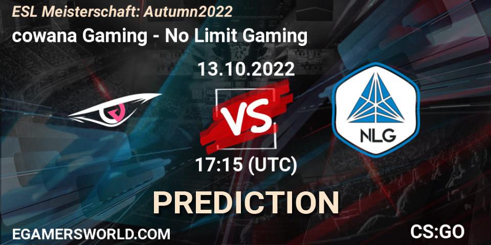 Pronósticos cowana Gaming - No Limit Gaming. 13.10.22. ESL Meisterschaft: Autumn 2022 - CS2 (CS:GO)