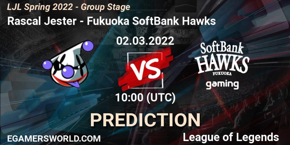 Pronósticos Rascal Jester - Fukuoka SoftBank Hawks. 02.03.2022 at 10:00. LJL Spring 2022 - Group Stage - LoL
