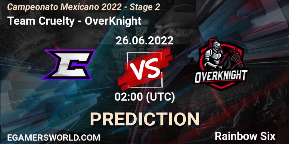 Pronósticos Team Cruelty - OverKnight. 26.06.2022 at 02:00. Campeonato Mexicano 2022 - Stage 2 - Rainbow Six