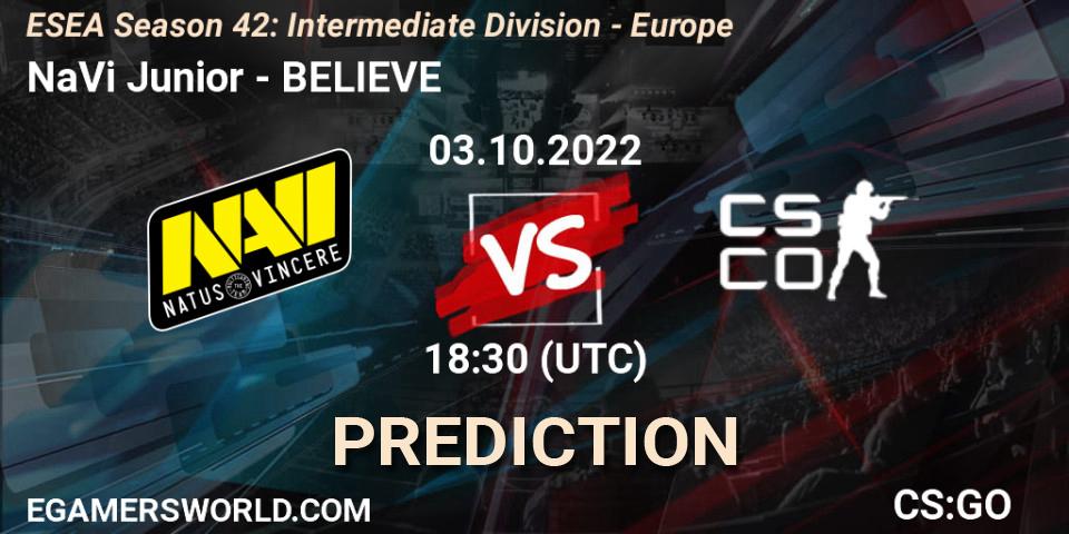 Pronósticos NaVi Junior - BELIEVE. 03.10.2022 at 17:00. ESEA Season 42: Intermediate Division - Europe - Counter-Strike (CS2)